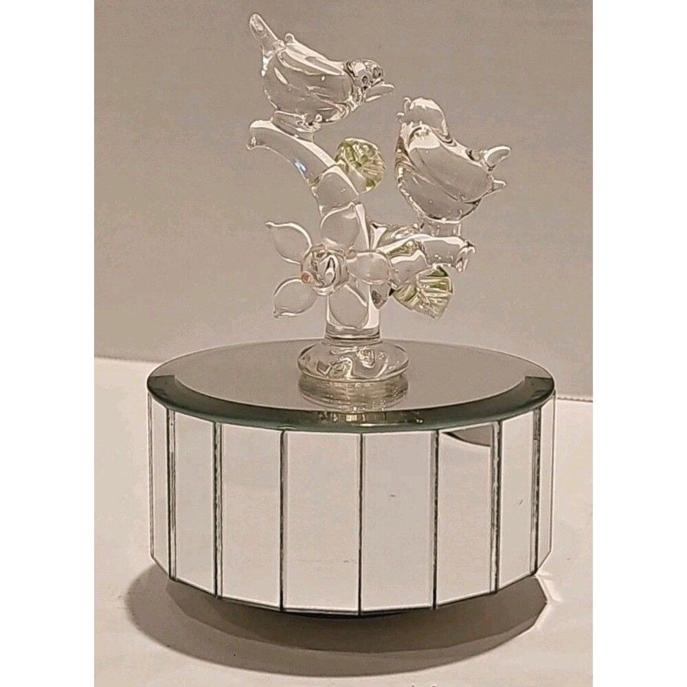 5" Vintage Linden Music Box Mirrored Hand Blown Glass Lovebirds Plays Evergreen